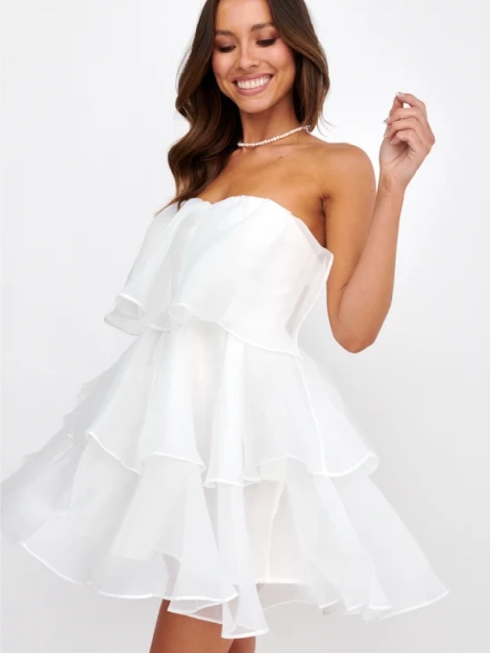 Selfie Leslie White Strapless Tiered Ruffle Mini Dress